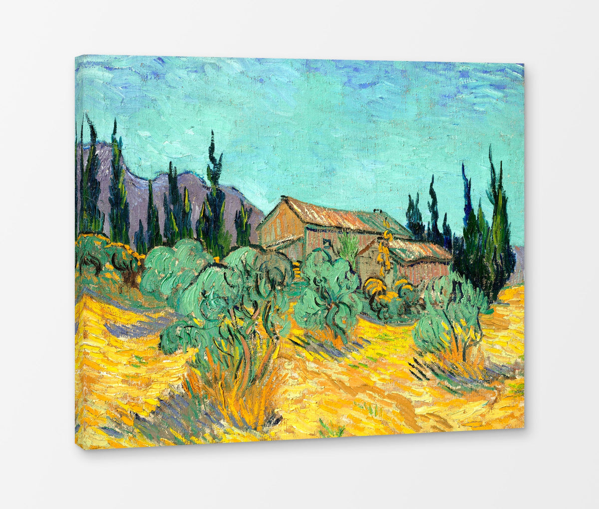 Vincent van Gogh Print, 073 Cabanes de bois parmi les oliviers et cyprès (1889)_10x8 as a ready-to-hang canvas panel