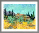 Vincent van Gogh Print, 073 Cabanes de bois parmi les oliviers et cyprès (1889)_10x8 in a light grey frame