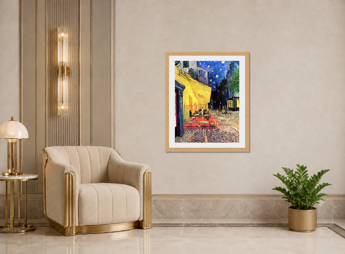 Vincent van Gogh Print, 075 CAFE TERRACE ON THE PLACE DU FORUM, ARLES, AT NIGHT_10x8 displayed in an Art Deco interior