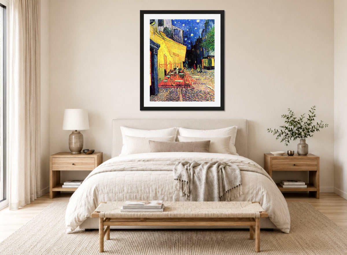 Vincent van Gogh Print, 075 CAFE TERRACE ON THE PLACE DU FORUM, ARLES, AT NIGHT_10x8 displayed above a bed