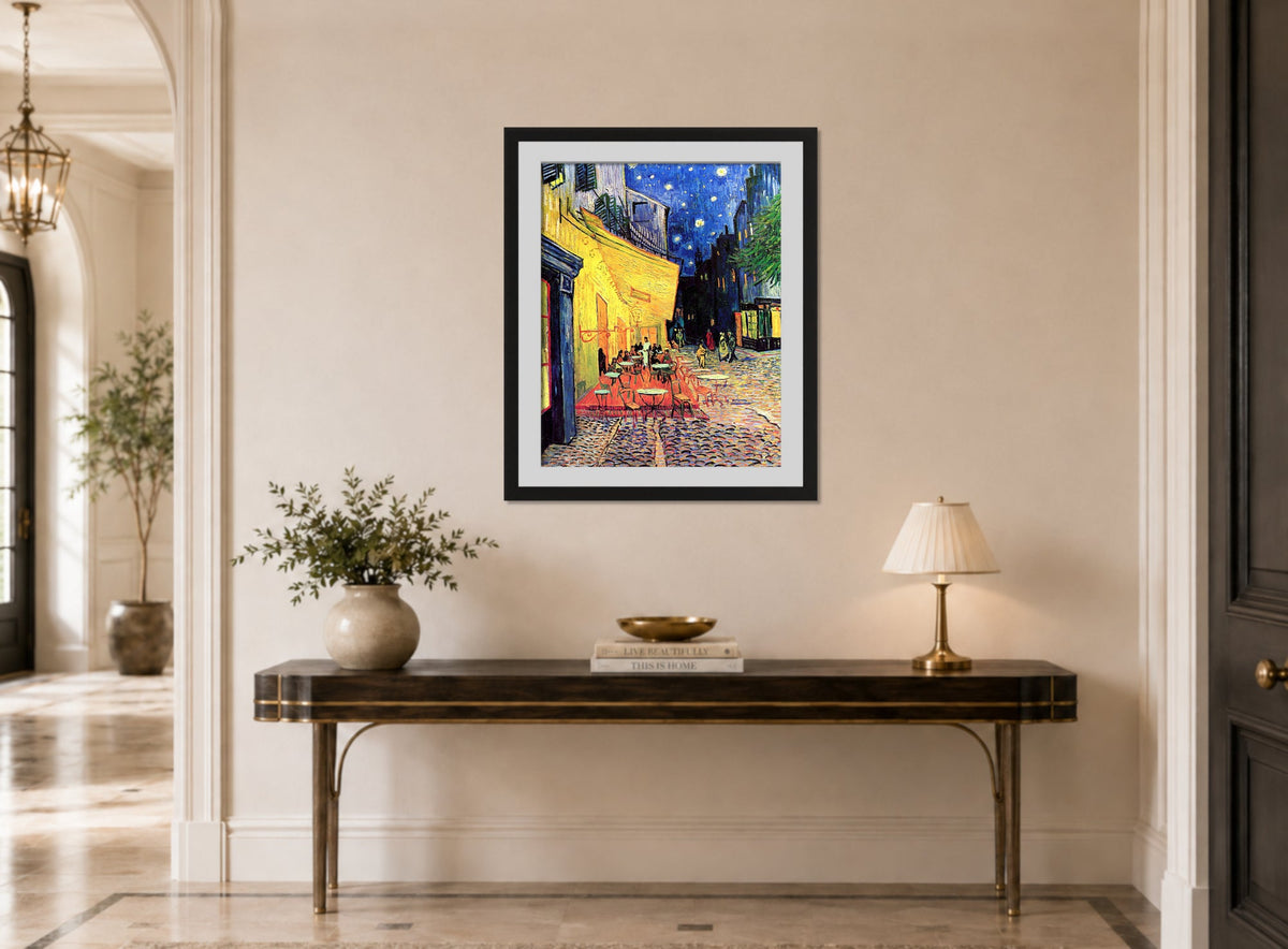 Vincent van Gogh Print, 075 CAFE TERRACE ON THE PLACE DU FORUM, ARLES, AT NIGHT_10x8 displayed above a console table