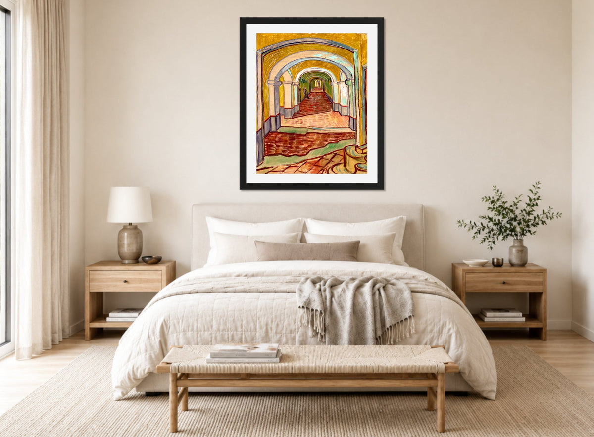Vincent van Gogh Print, 076 Corridor in the Asylum_10x8 displayed above a bed