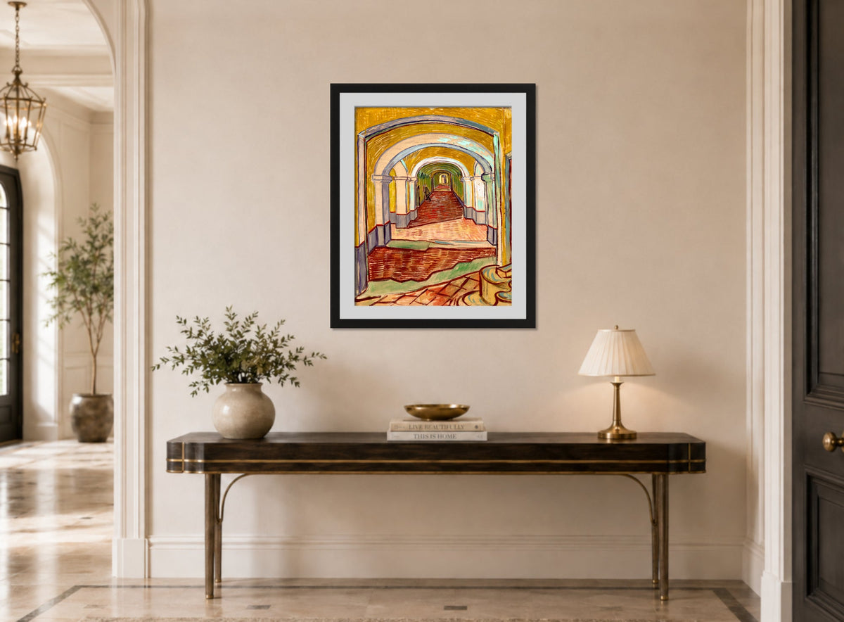 Vincent van Gogh Print, 076 Corridor in the Asylum_10x8 displayed above a console table
