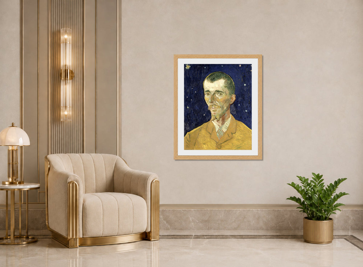 Vincent van Gogh Print, 080 Eugène Boch Portait of Poet against starry sky_8x10 displayed in an Art Deco interior