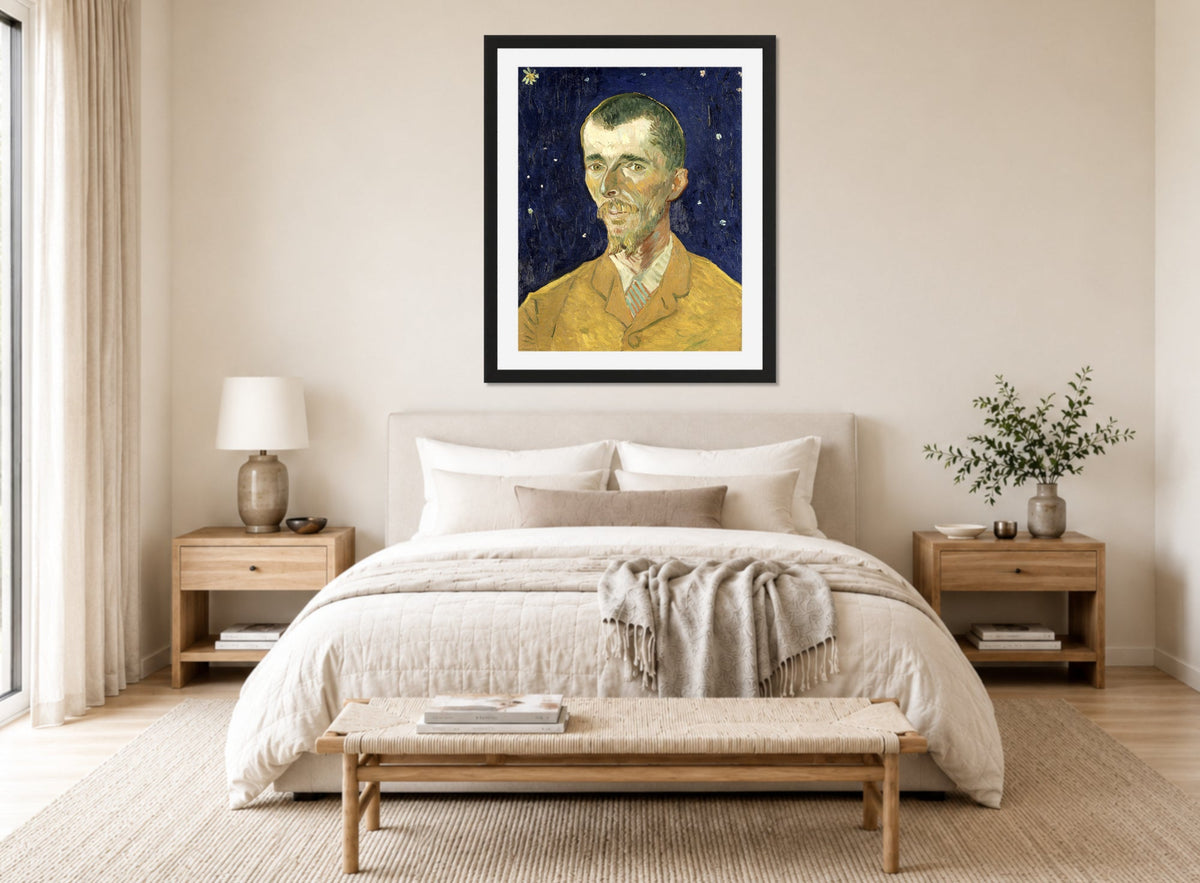 Vincent van Gogh Print, 080 Eugène Boch Portait of Poet against starry sky_8x10 displayed above a bed