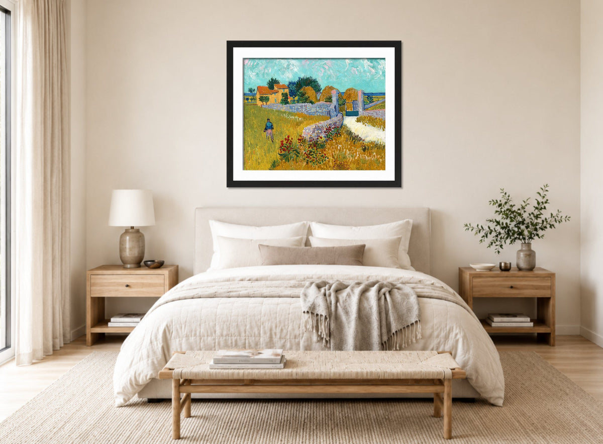 Vincent van Gogh Print, 083 Farmhouse_in_Provence,_1888_10x8 displayed above a bed