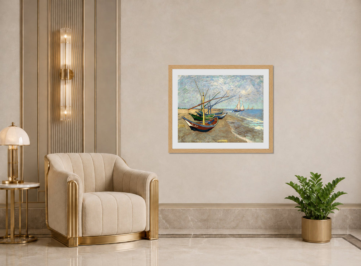 Vincent van Gogh Print, 085 Fishing Boats on the Beach at Les Saintes-Maries-de-la-Mer_10x8 displayed in an Art Deco interior