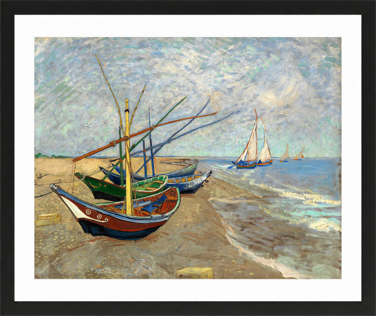 Vincent van Gogh Print, 085 Fishing Boats on the Beach at Les Saintes-Maries-de-la-Mer_10x8 in a black frame