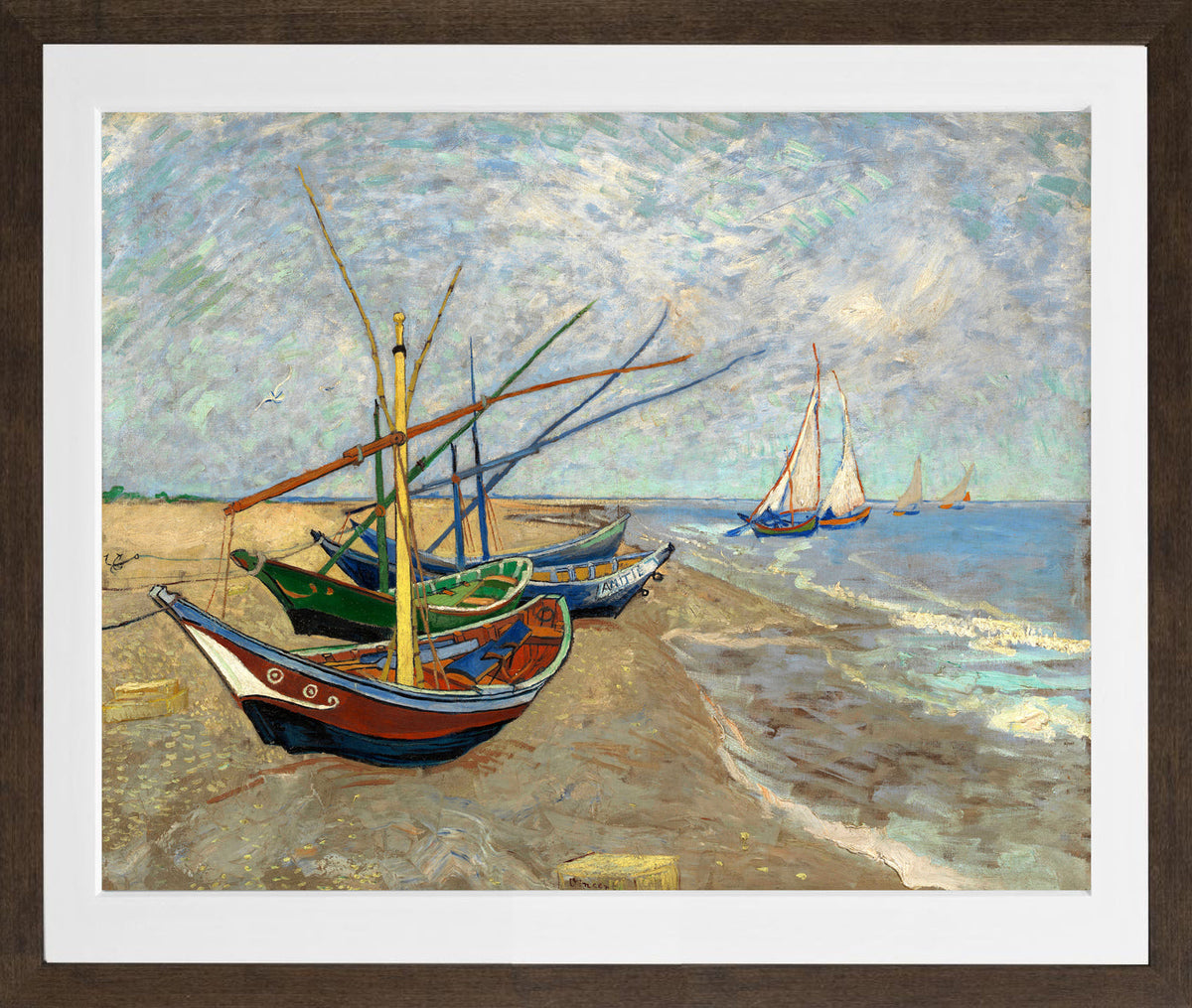 Vincent van Gogh Print, 085 Fishing Boats on the Beach at Les Saintes-Maries-de-la-Mer_10x8 in a brown frame