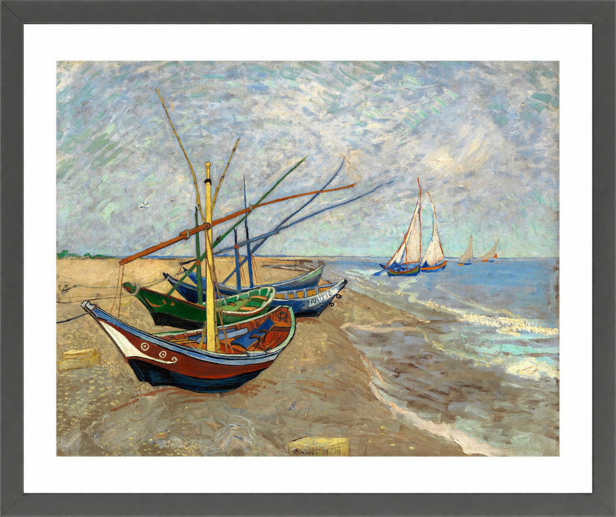 Vincent van Gogh Print, 085 Fishing Boats on the Beach at Les Saintes-Maries-de-la-Mer_10x8 in a dark grey frame