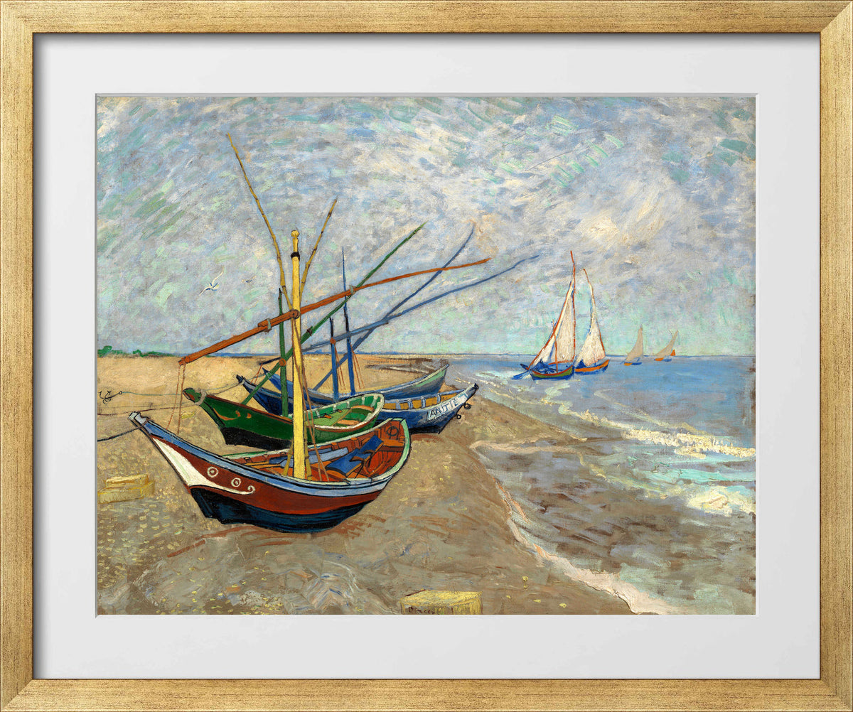 Vincent van Gogh Print, 085 Fishing Boats on the Beach at Les Saintes-Maries-de-la-Mer_10x8 in a gold frame
