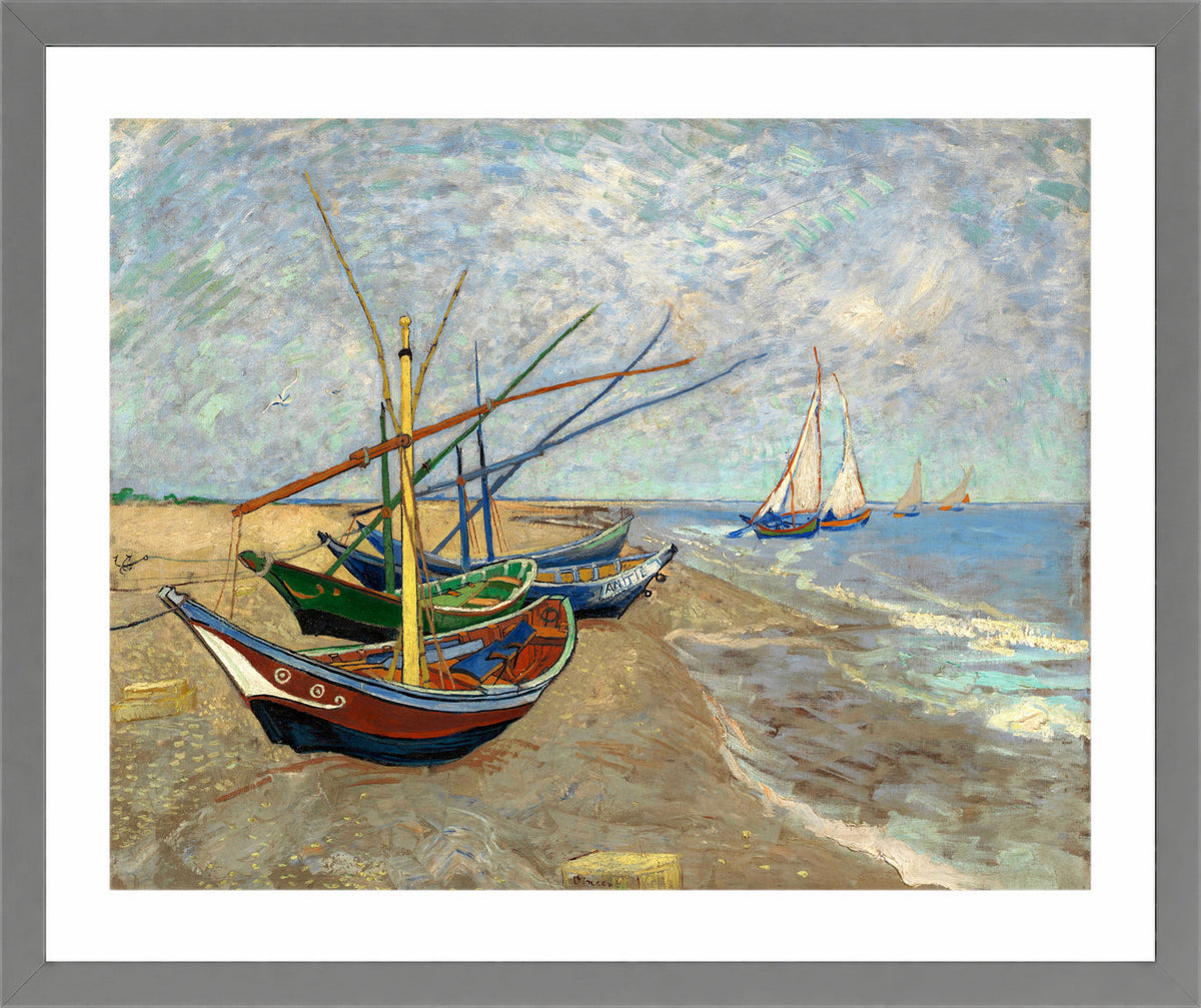 Vincent van Gogh Print, 085 Fishing Boats on the Beach at Les Saintes-Maries-de-la-Mer_10x8 in a light grey frame