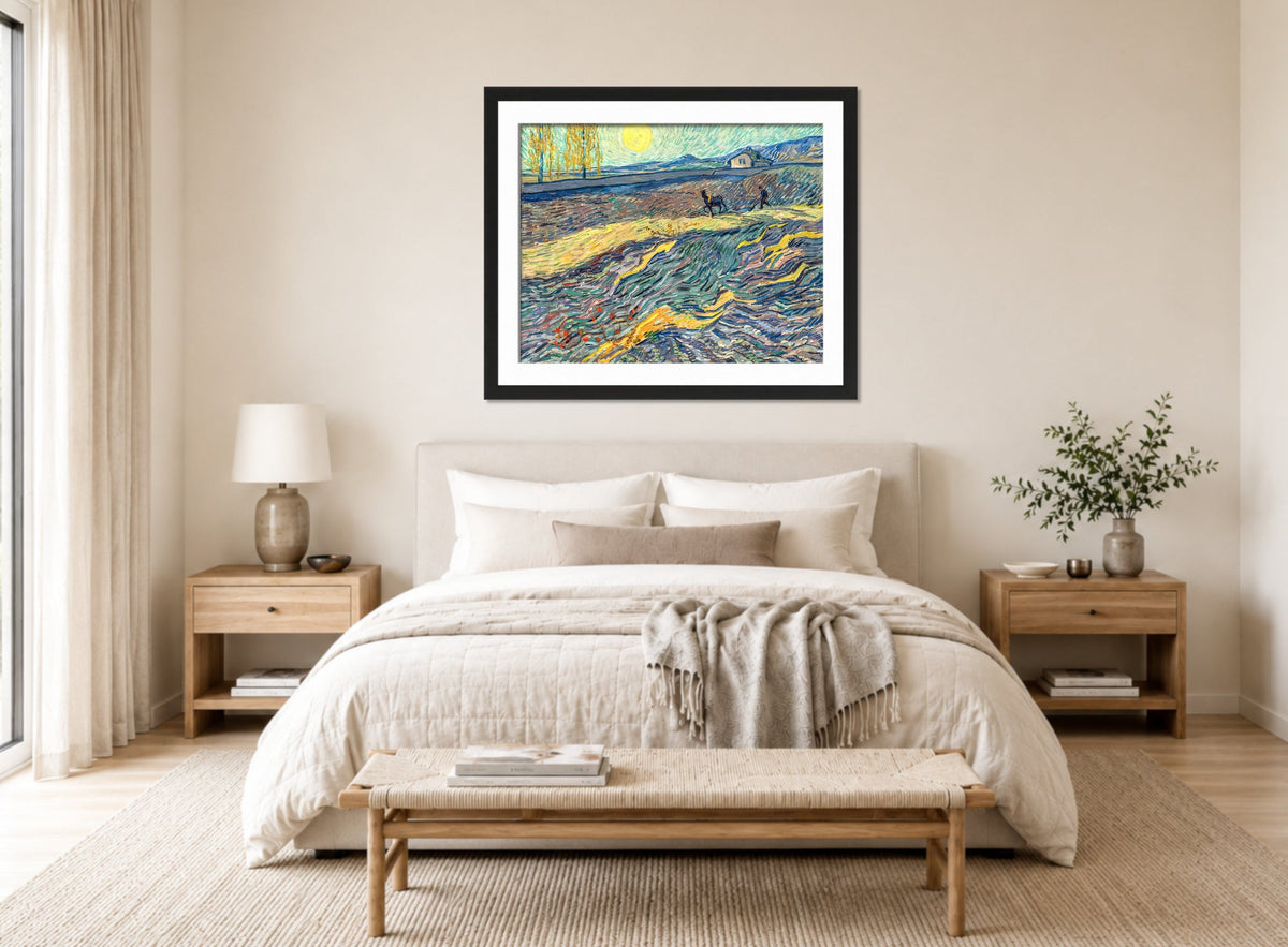 Vincent van Gogh Print, 091 Laboureur dans un champ (1889)_10x8 displayed above a bed