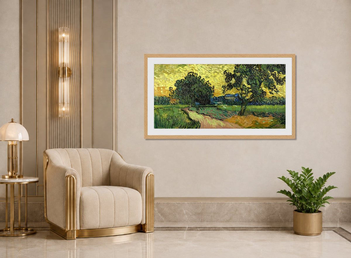 Vincent van Gogh Print, 092 Landscape at twilight (1890)_16x8 displayed in an Art Deco interior