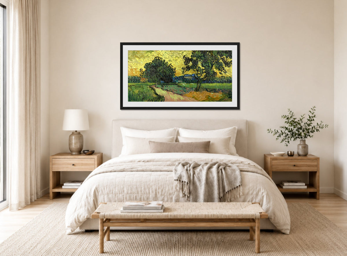 Vincent van Gogh Print, 092 Landscape at twilight (1890)_16x8 displayed above a bed