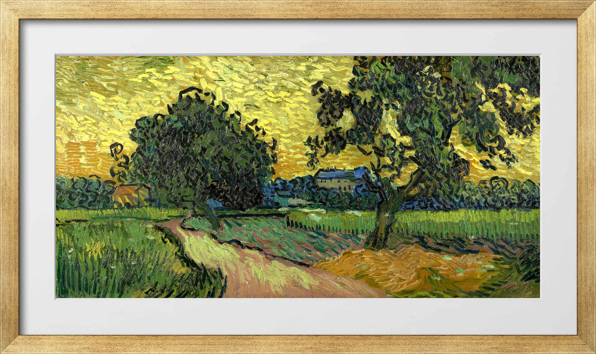 Vincent van Gogh Print, 092 Landscape at twilight (1890)_16x8 in a gold frame
