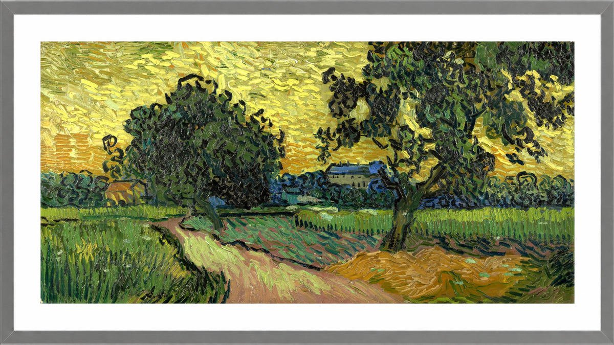 Vincent van Gogh Print, 092 Landscape at twilight (1890)_16x8 in a light grey frame