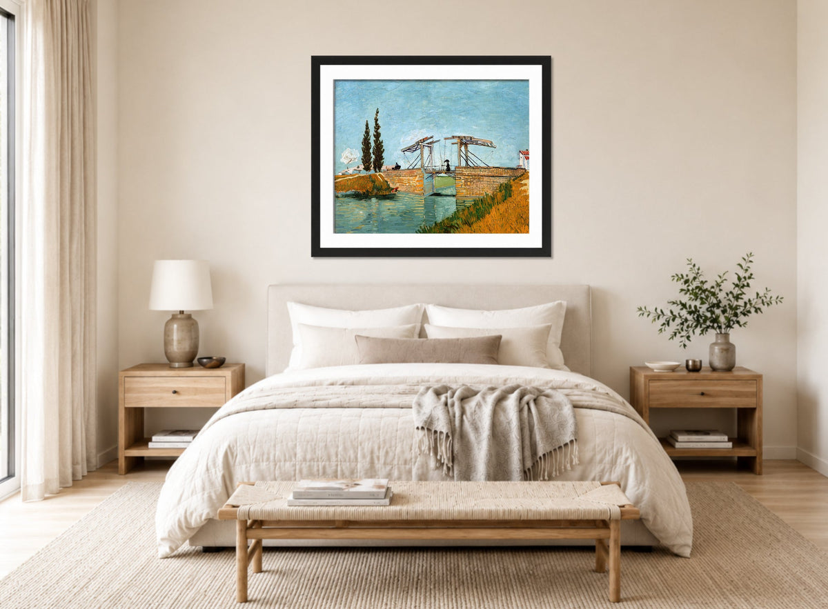 Vincent van Gogh Print, 095 Langlois Bridge at Arles_10x8 displayed above a bed