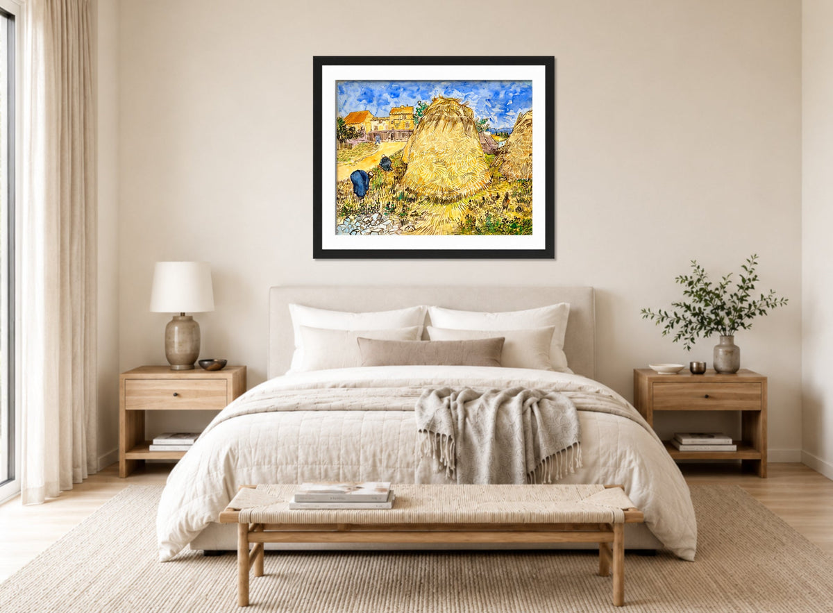 Vincent van Gogh Print, 099 Meules de blé (1888)_10x8 displayed above a bed