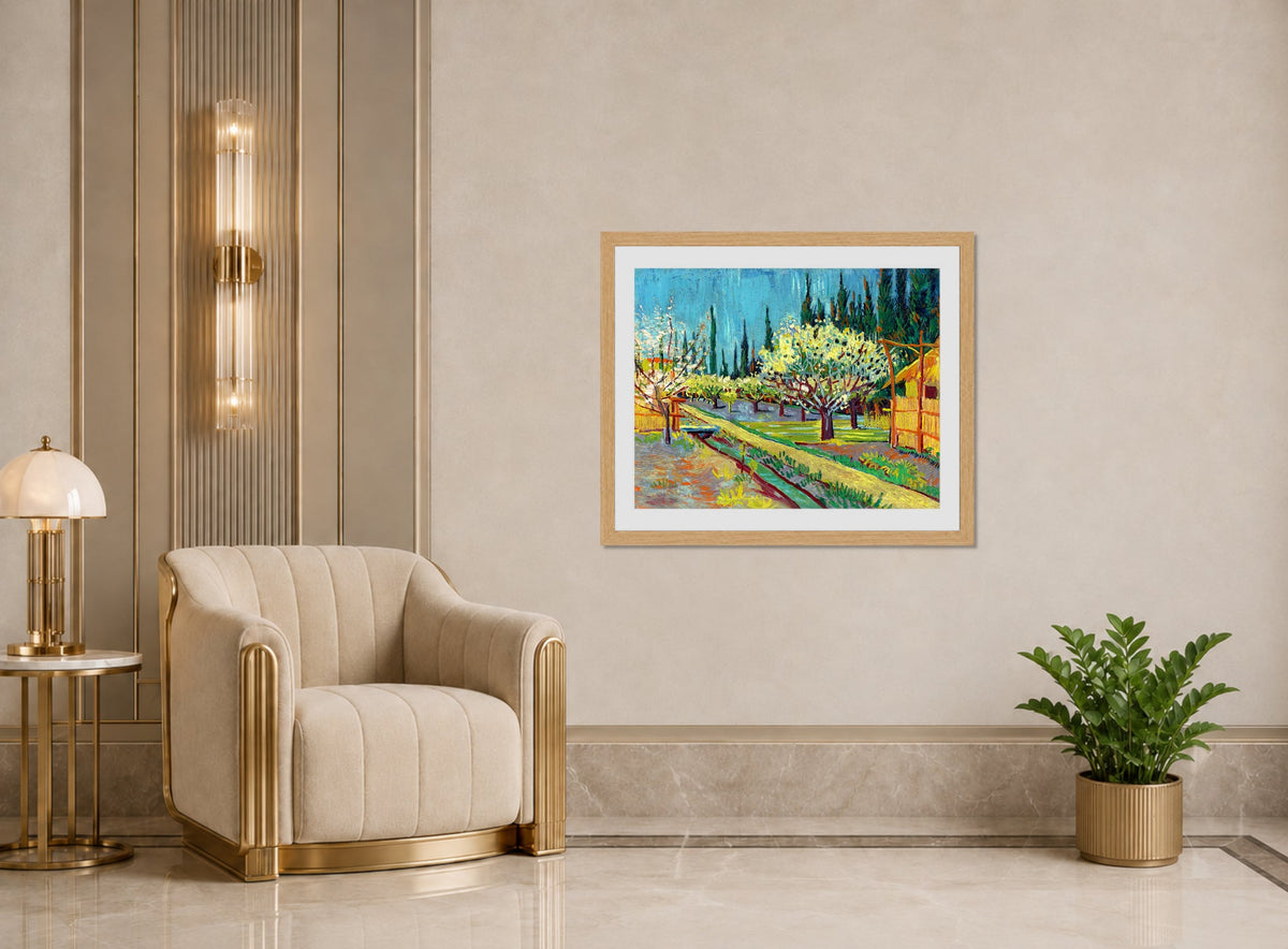 Vincent van Gogh Print, 102 Orchard Bordered by Cypresses_10x8 displayed in an Art Deco interior
