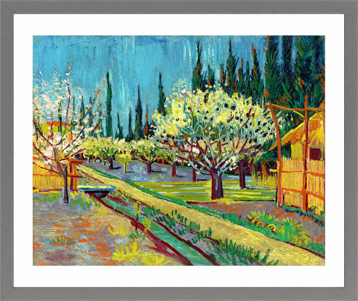 Vincent van Gogh Print, 102 Orchard Bordered by Cypresses_10x8 in a light grey frame