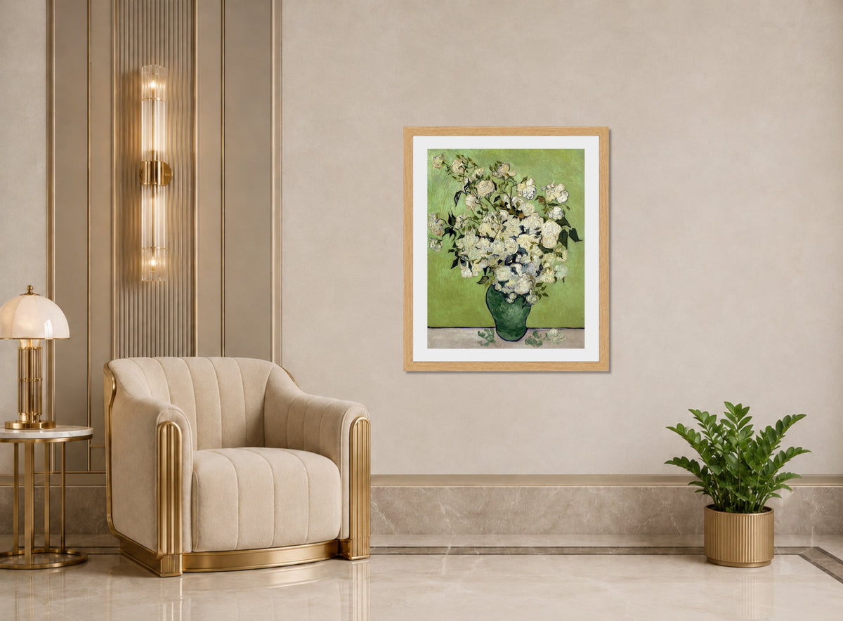 Vincent van Gogh Print, 106 Pink Roses in a Vase_10x8 displayed in an Art Deco interior