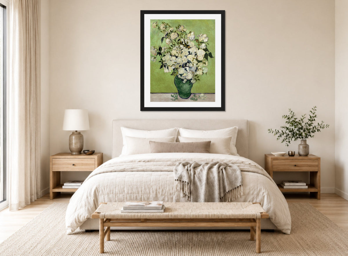 Vincent van Gogh Print, 106 Pink Roses in a Vase_10x8 displayed above a bed