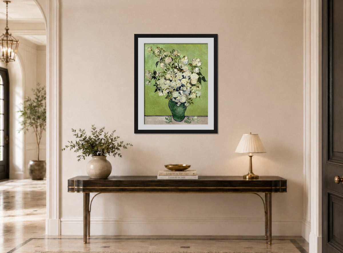 Vincent van Gogh Print, 106 Pink Roses in a Vase_10x8 displayed above a console table