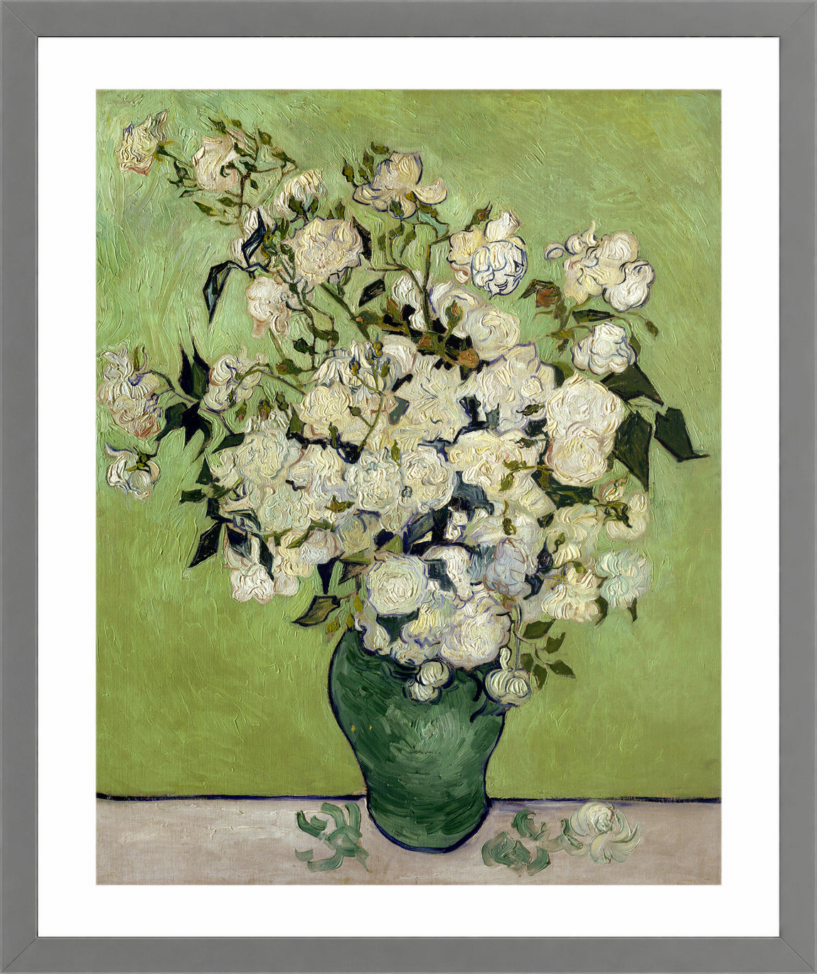 Vincent van Gogh Print, 106 Pink Roses in a Vase_10x8 in a light grey frame
