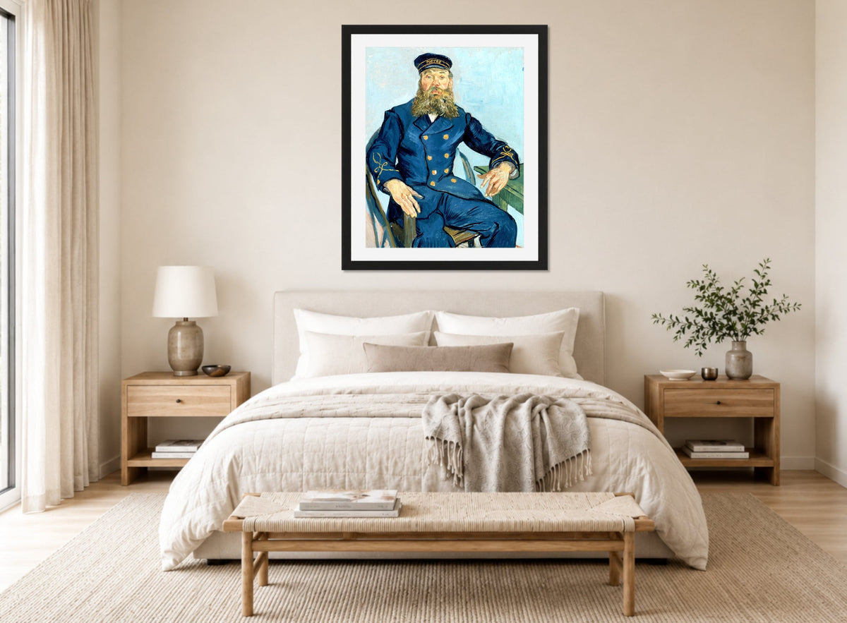 Vincent van Gogh Print, 110 Portrait of the Postman Joseph Roulin_10x8 displayed above a bed