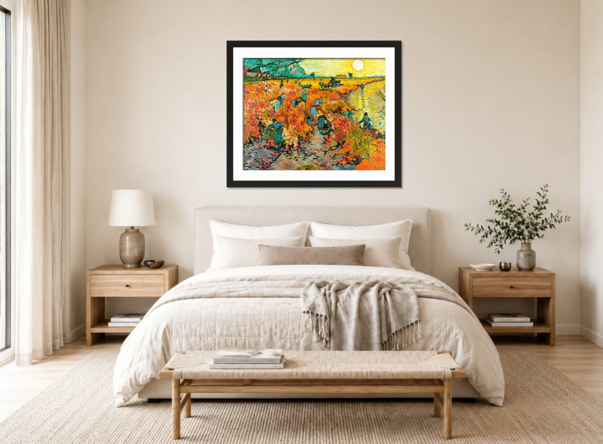 Vincent van Gogh Print, 112 Red Vineyard at Arles (1888)_10x8 displayed above a bed