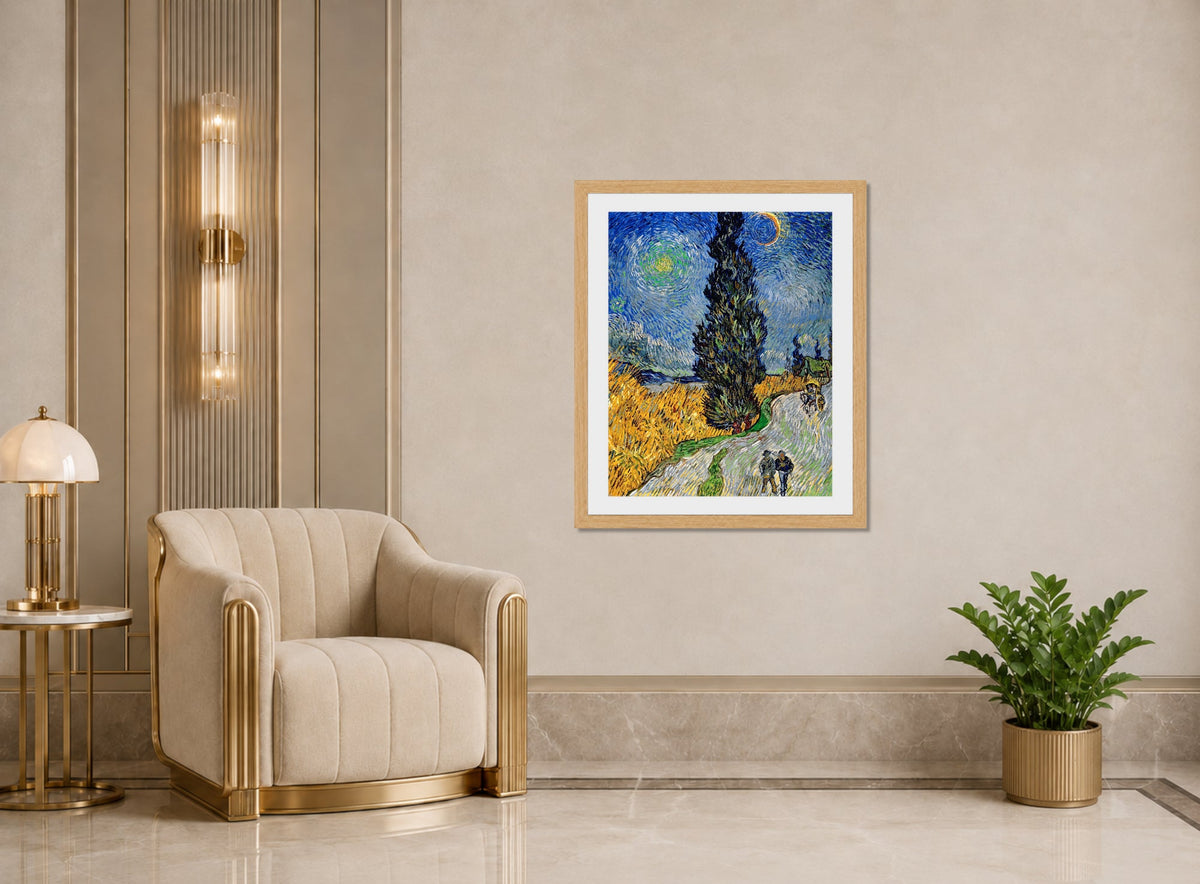 Vincent van Gogh Print, 113 Road with Cypress and Star_10x8 displayed in an Art Deco interior