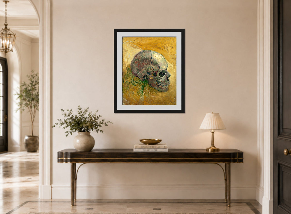 Vincent van Gogh Print, 117 skull_10x8 displayed above a console table