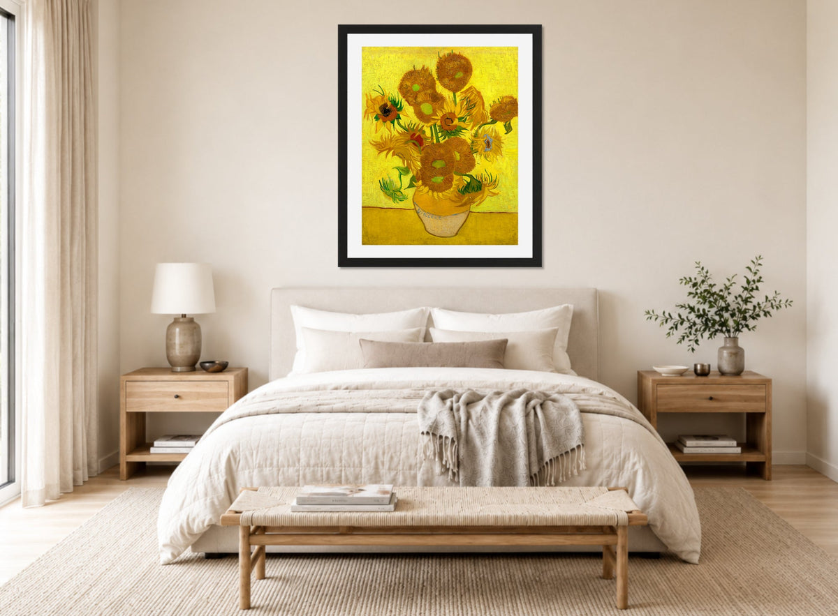 Vincent van Gogh Print, 122 sunflowers_10x8 displayed above a bed