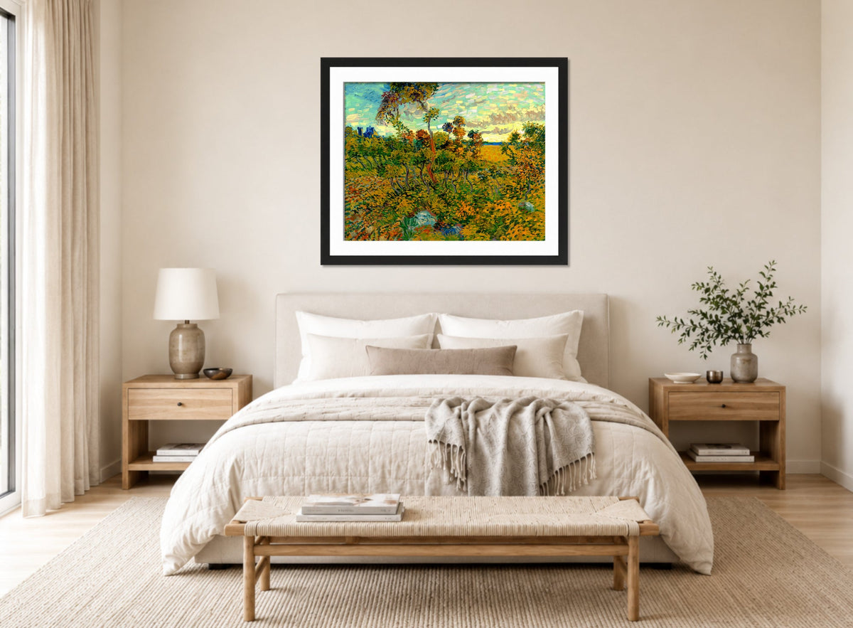 Vincent van Gogh Print, 123 Sunset at Montmajour 1888_10x8 displayed above a bed