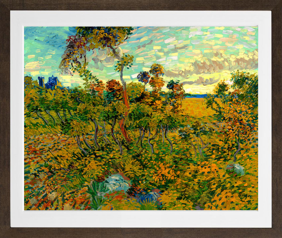 Vincent van Gogh Print, 123 Sunset at Montmajour 1888_10x8 in a brown frame