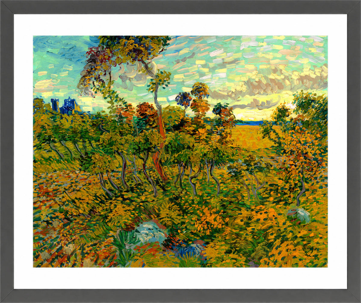 Vincent van Gogh Print, 123 Sunset at Montmajour 1888_10x8 in a dark grey frame