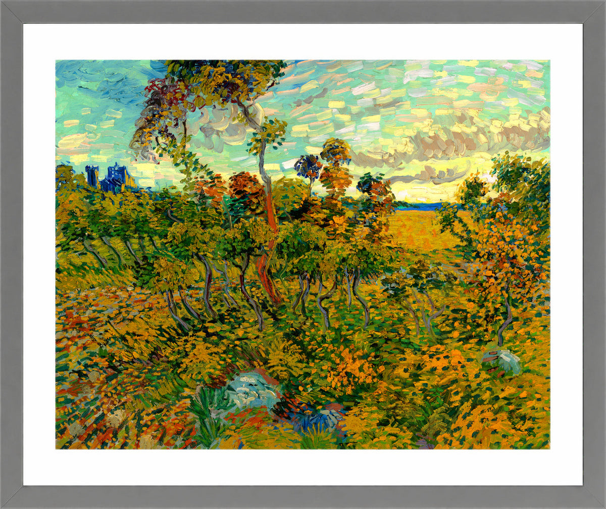 Vincent van Gogh Print, 123 Sunset at Montmajour 1888_10x8 in a light grey frame