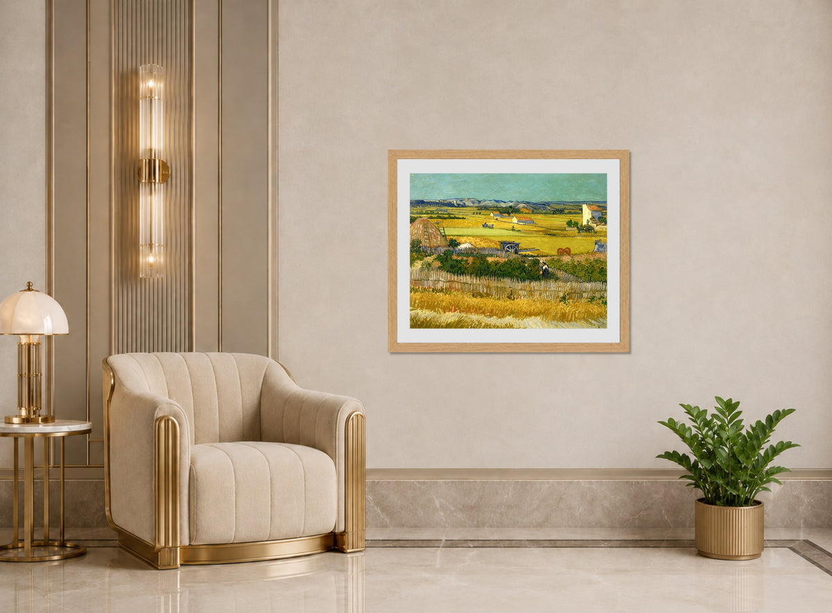 Vincent van Gogh Print, 129 The harvest (1888)_10x8 displayed in an Art Deco interior