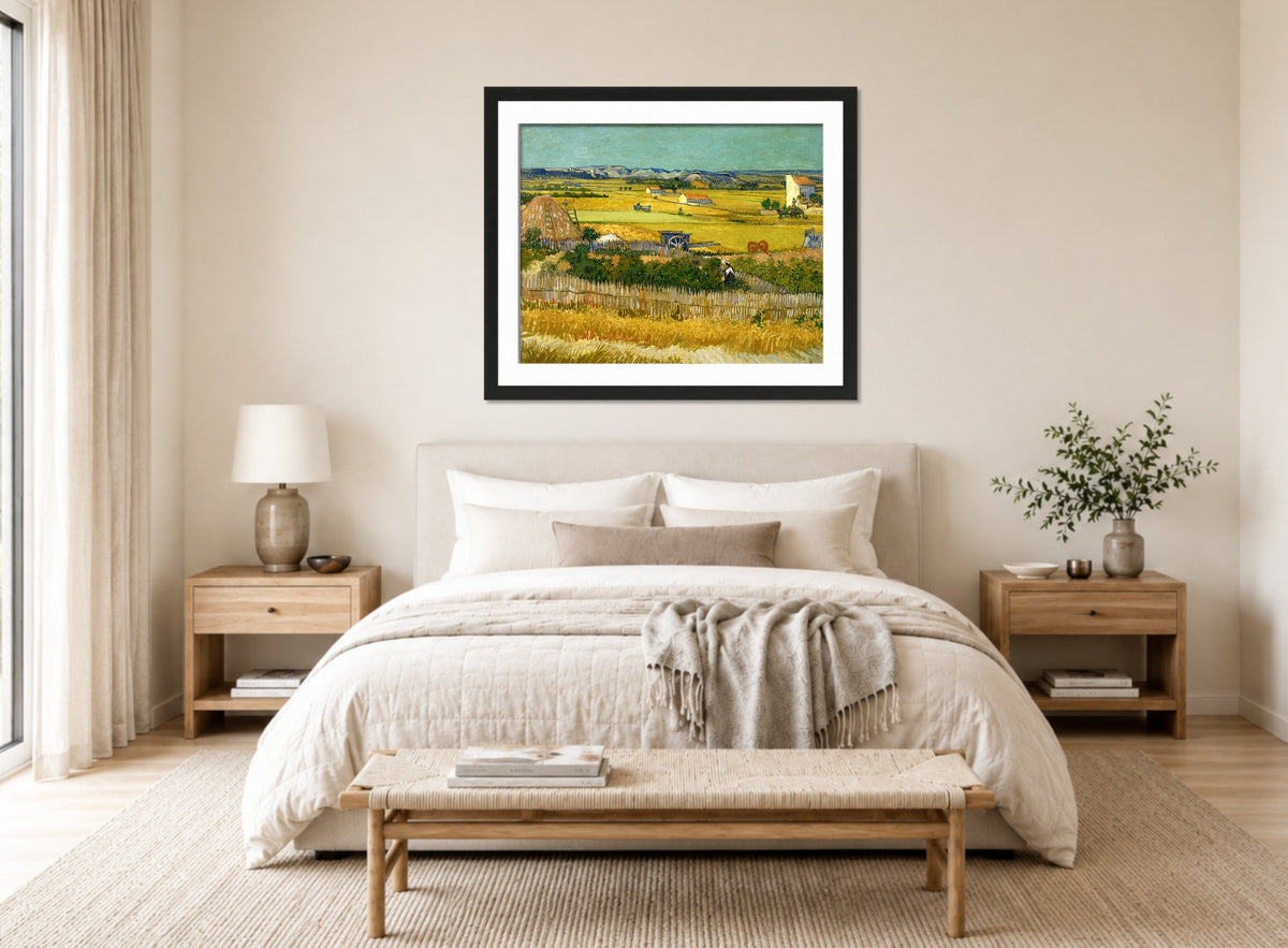 Vincent van Gogh Print, 129 The harvest (1888)_10x8 displayed above a bed