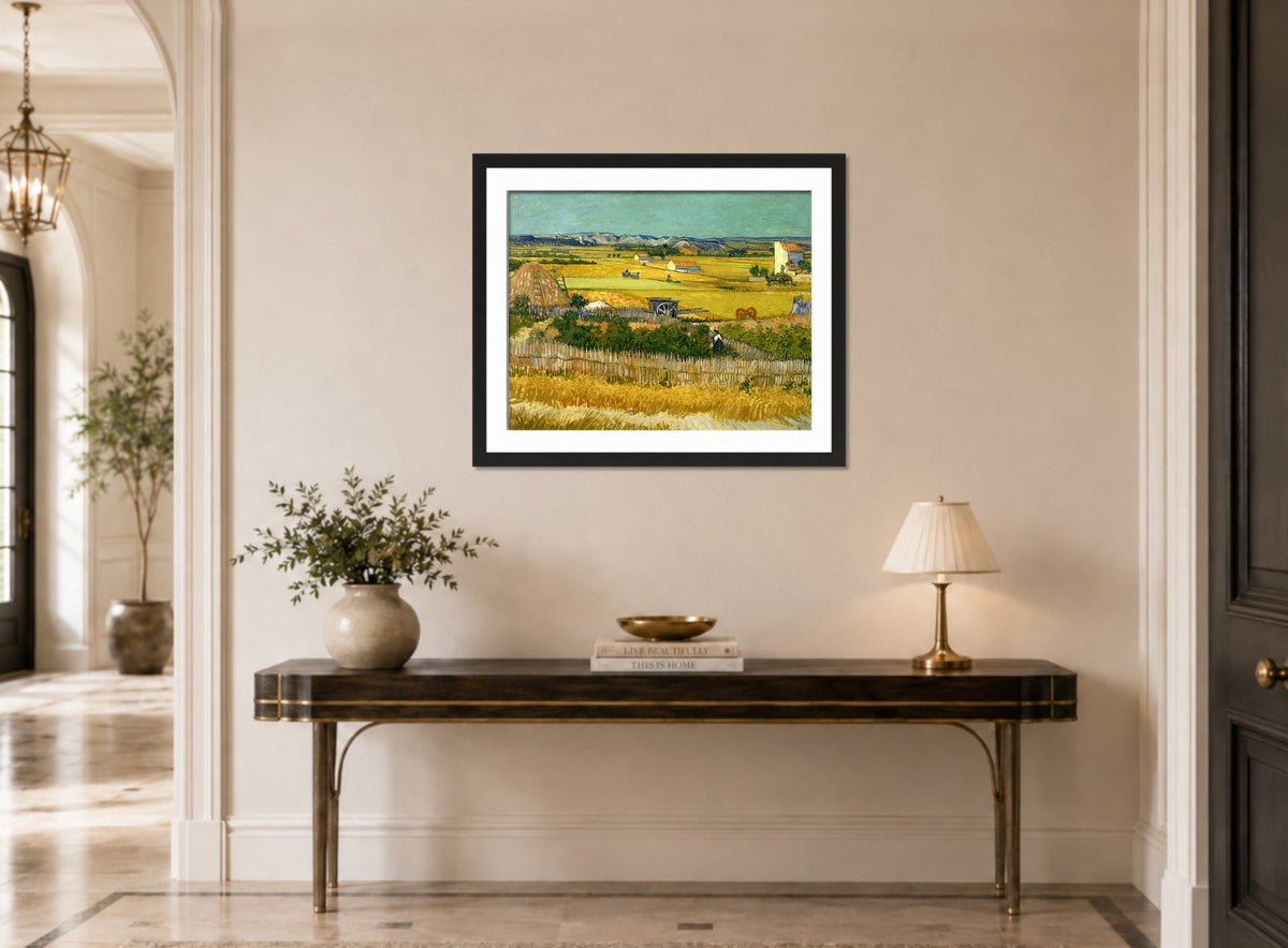 Vincent van Gogh Print, 129 The harvest (1888)_10x8 displayed above a console table
