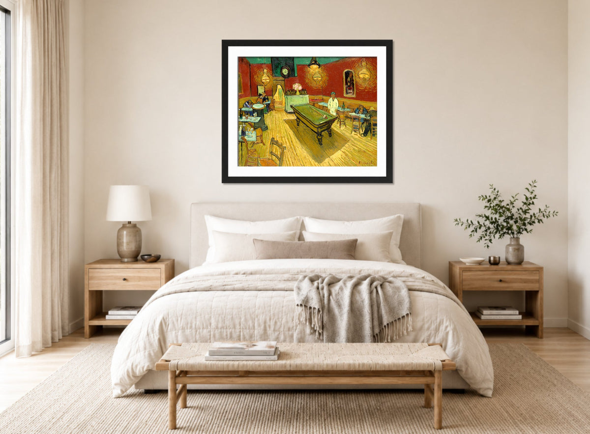 Vincent van Gogh Print, 131 the night cafe_10x8 displayed above a bed