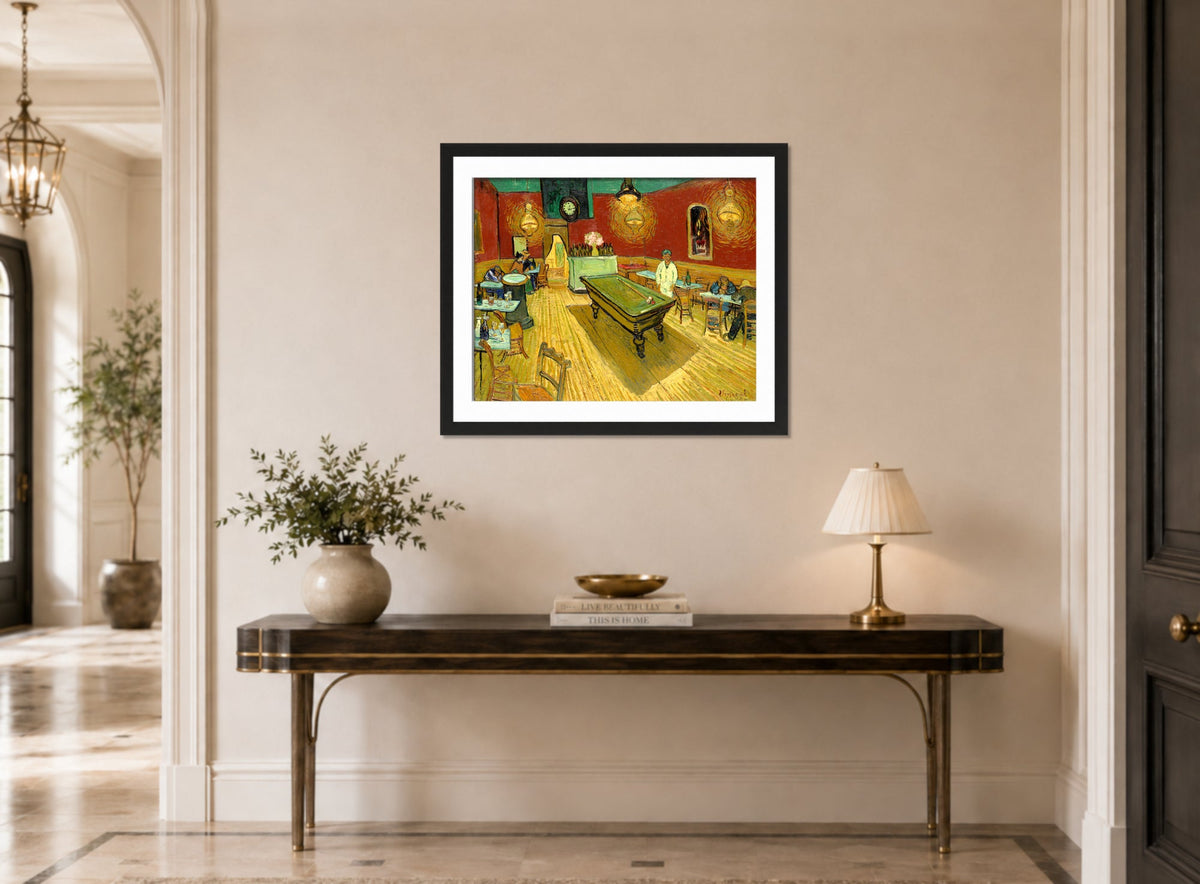 Vincent van Gogh Print, 131 the night cafe_10x8 displayed above a console table