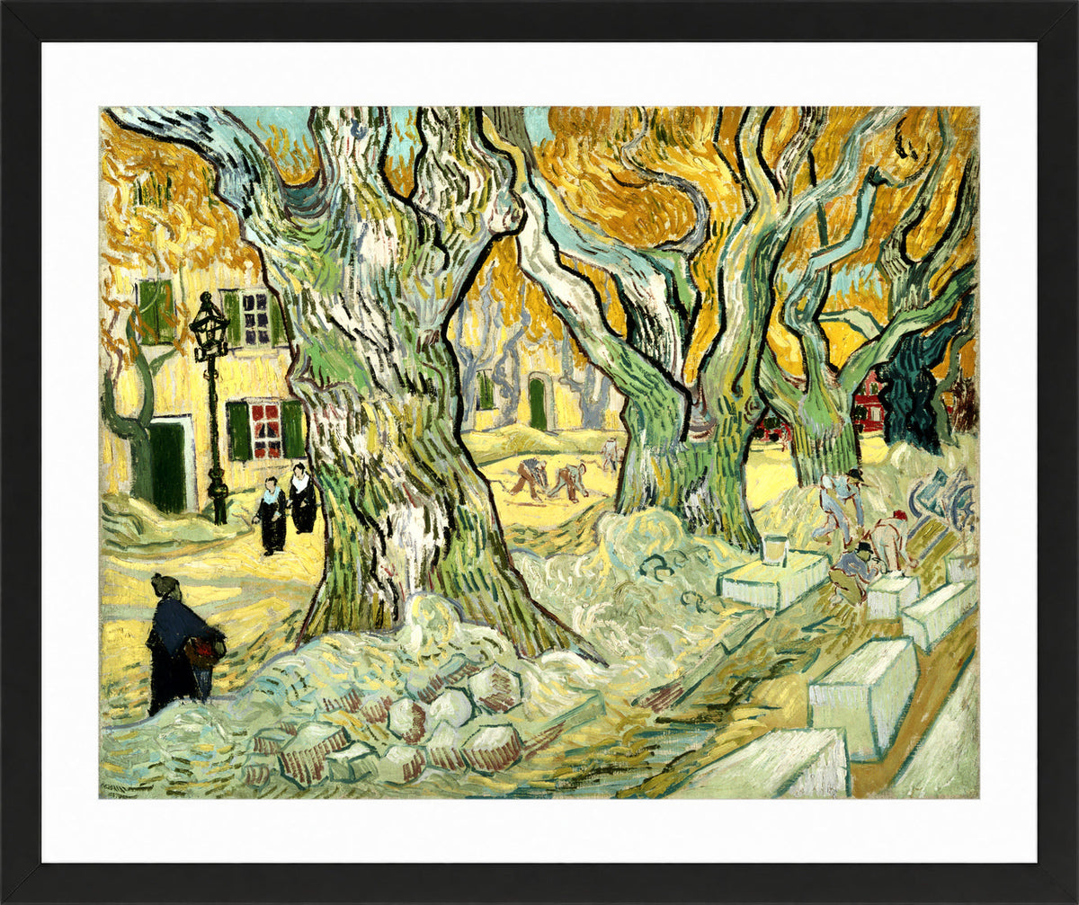 Vincent van Gogh Print, 134 The Road Menders (1889) in a black frame