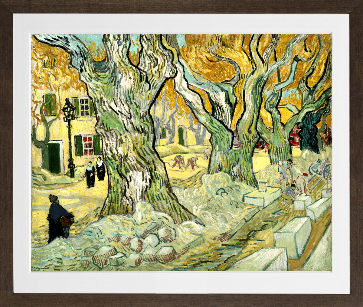 Vincent van Gogh Print, 134 The Road Menders (1889) in a brown frame