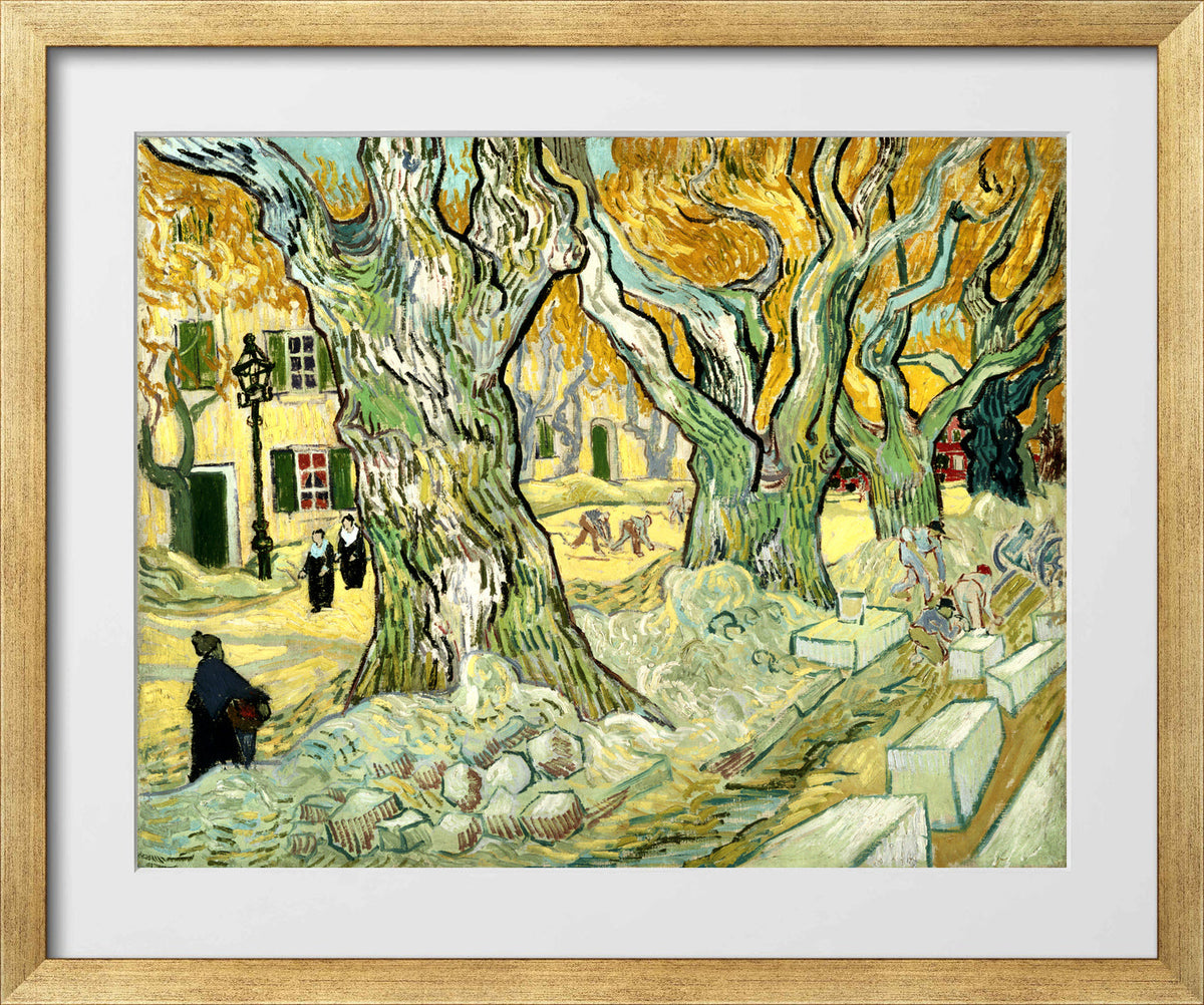 Vincent van Gogh Print, 134 The Road Menders (1889) in a gold frame