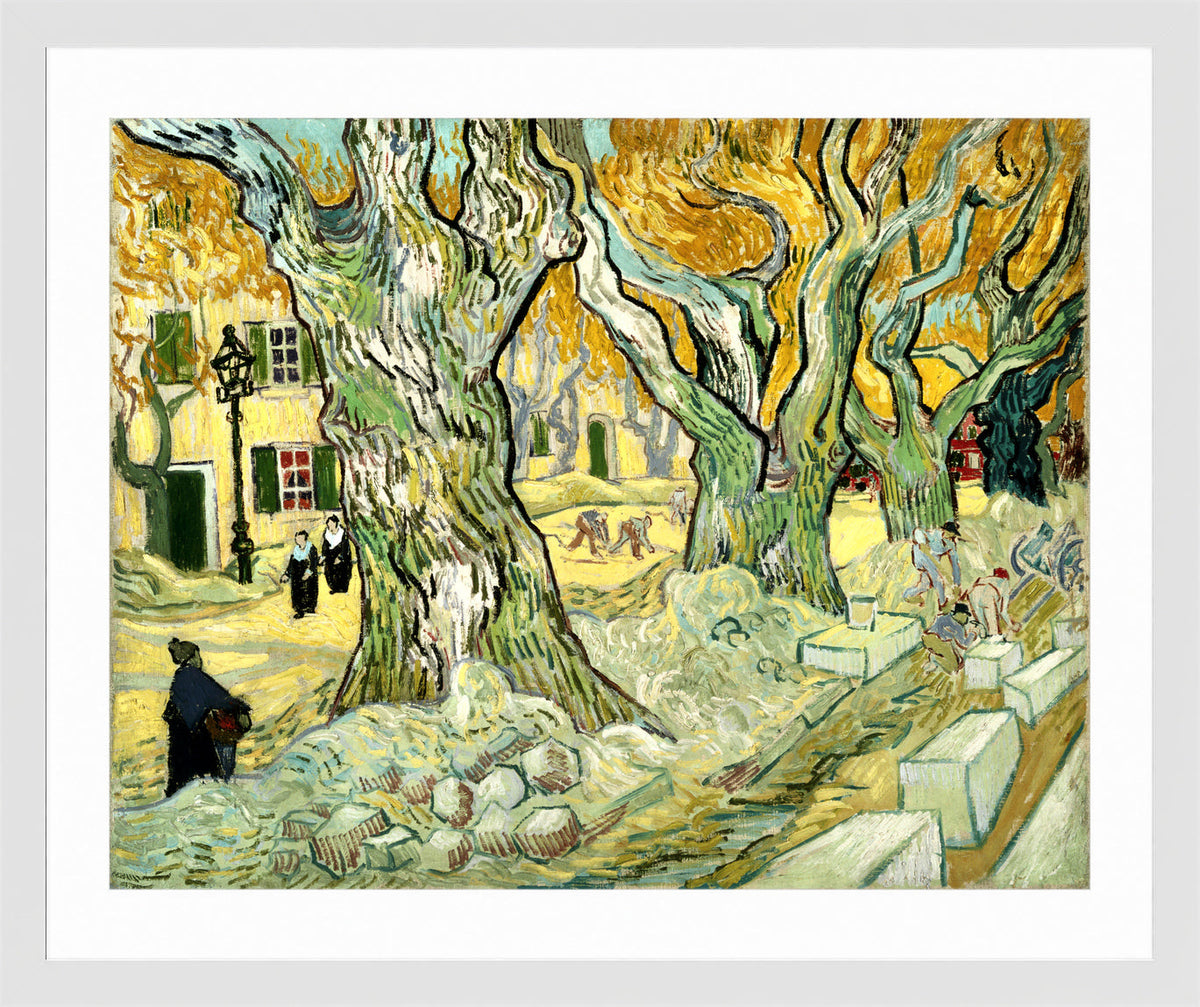 Vincent van Gogh Print, 134 The Road Menders (1889) in a white frame