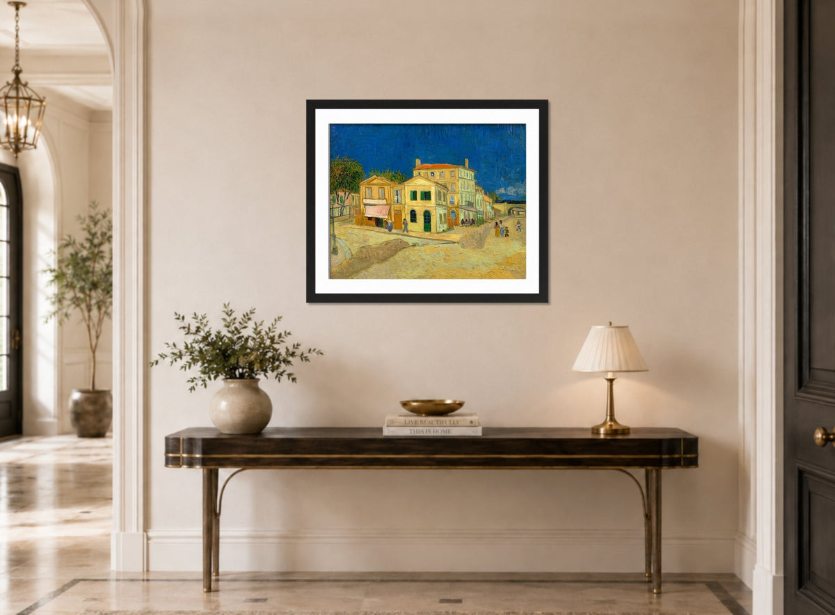 Vincent van Gogh Print, 137 the yellow house_10x8 displayed above a console table