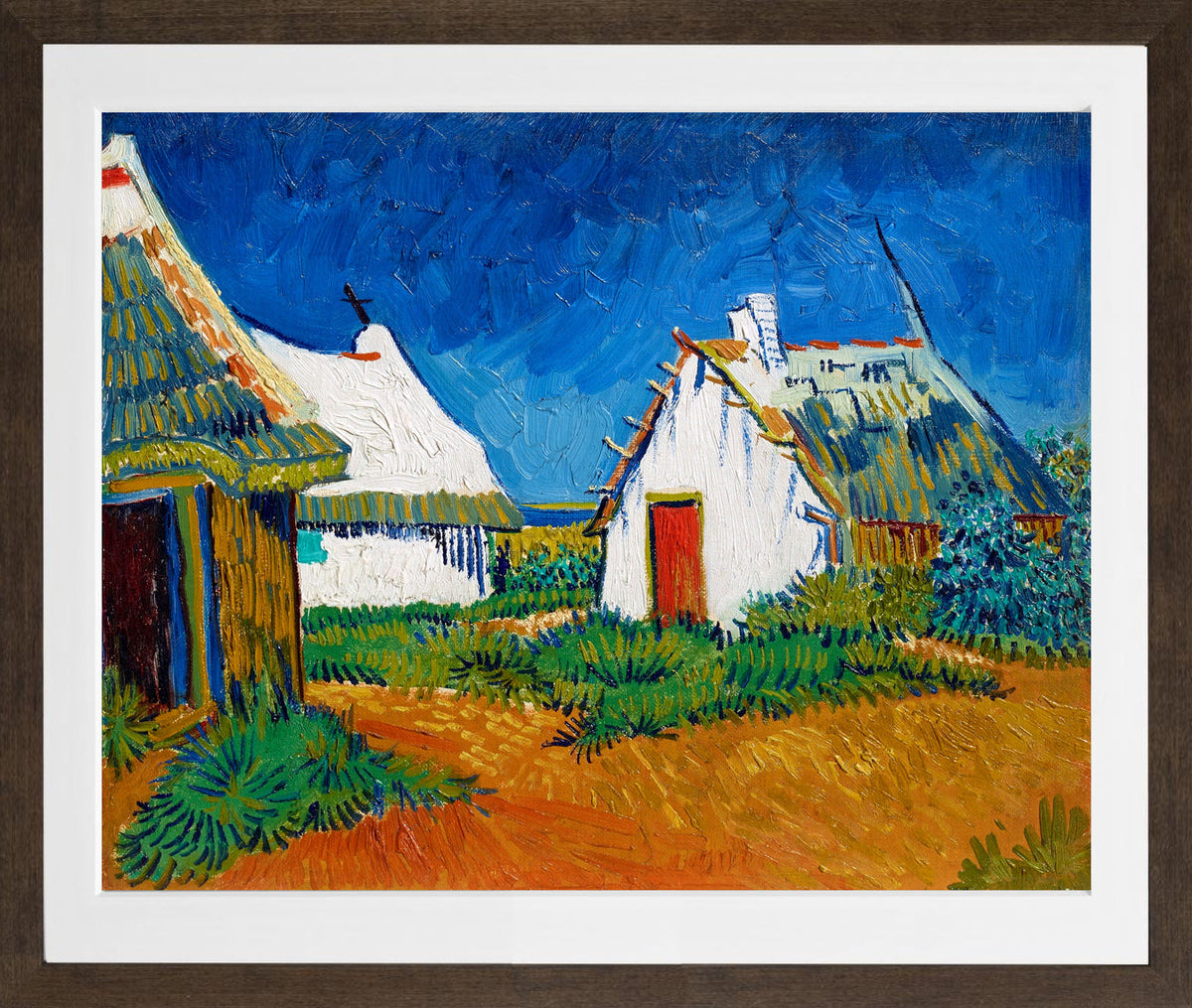 Vincent van Gogh Print, 139 Three white cottages in Saintes-Maries (1888)_10x8 in a brown frame