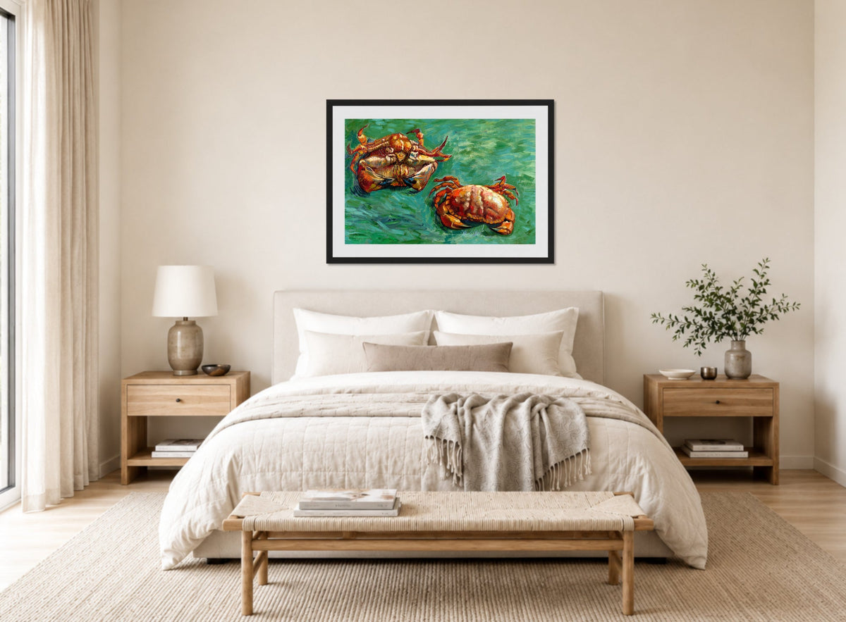Vincent van Gogh Print, 141 Two Crabs_12x8 displayed above a bed